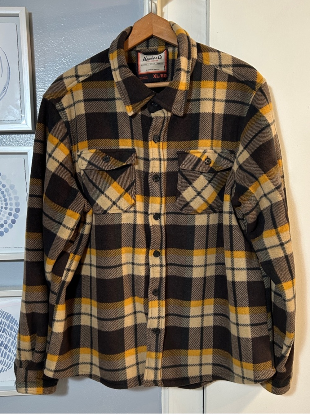Hawke & Co Brown Yellow Plaid Flannel Fleece Sherpa Shirt Shacket Jacket Size XL